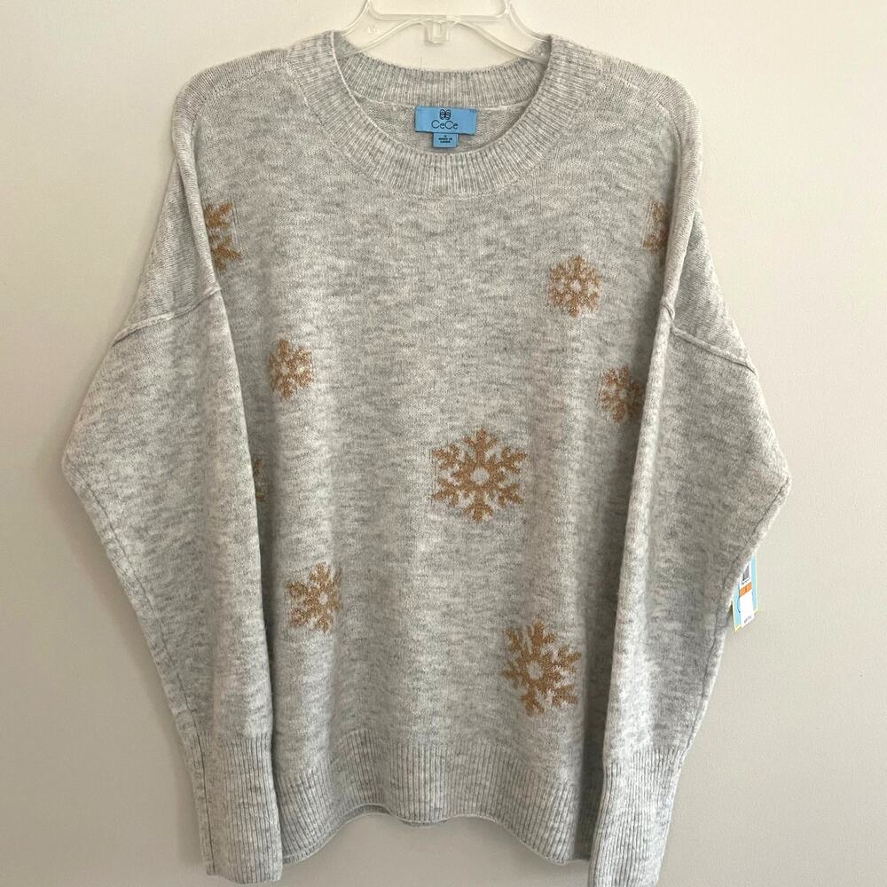 CeCe Jazz Club Heather Gray Gold Shimmer Snowflake Sweater Crew Long Sleeve SM